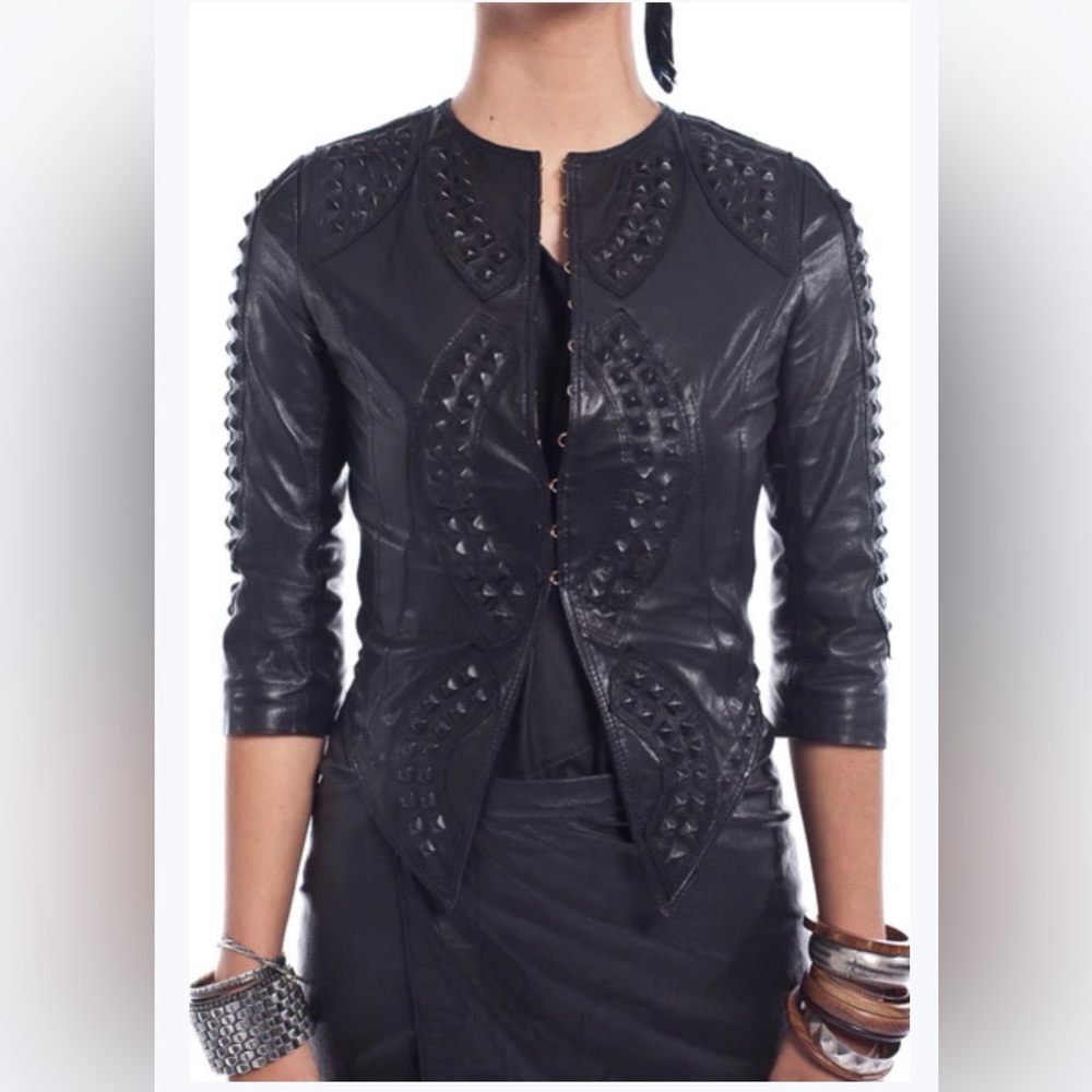Vintage-Inspired Studded Cropped Leather Jacket - Collarless Open-Front Size 2